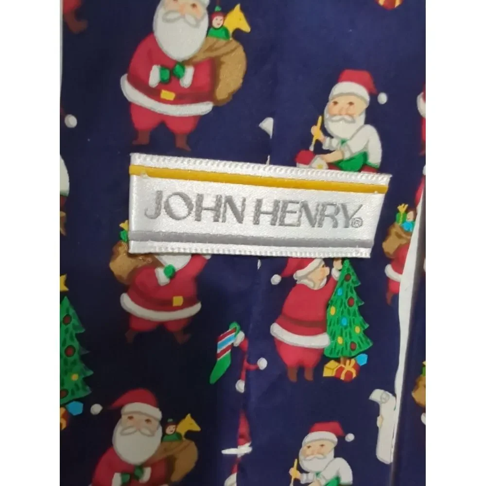 John‎ Henry Mens Navy Blue 100% Silk Santa Claus Christmas Holiday Necktie USA